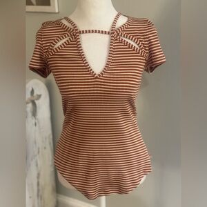 Free People Brown Striped Cutout Short Sleeve Top